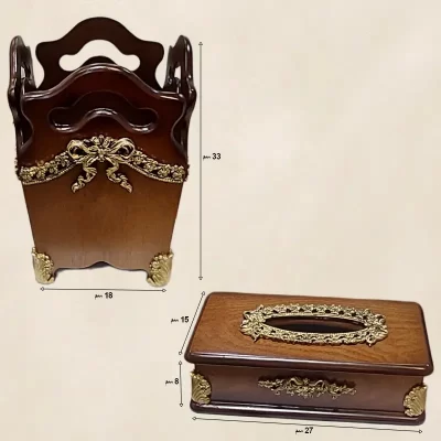 طقم سلة مهملات مع علبة مناديل من الخشب موديل 023958 طقم سلة مهملات مع علبة مناديل من الخشب أبعاد موديل 023958 1.webp