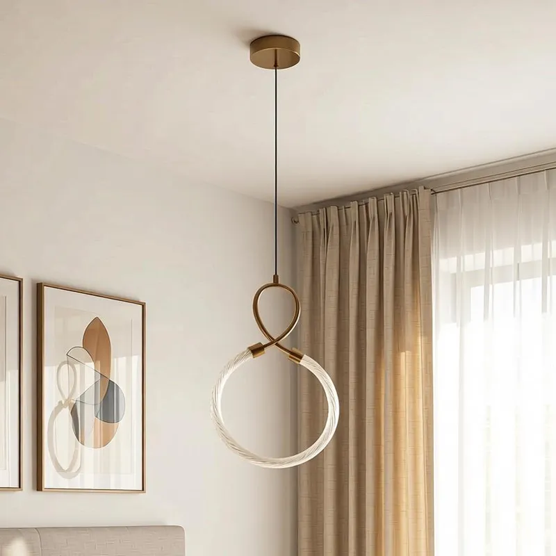 معلقة ليد عصرية، حلقة مضيئة، إضاءة ثلاثية، موديل 028917 معلقة LED نحاسية اللون على شكل حلقة، تصميم عصري وأنيق، مطفأة داخل غرفة النوم.