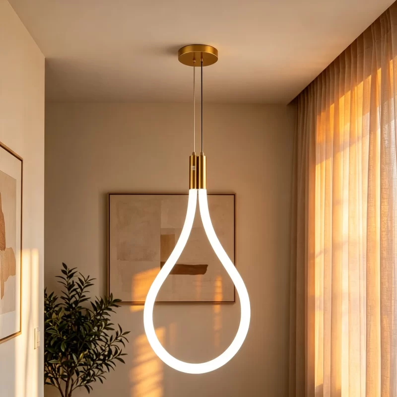 معلقة ليد بتصميم الأنيق على شكل قطرة ماء، تجمع بين خطوط نحاسية لامعة وأضواء LED بيضاء دافئة.