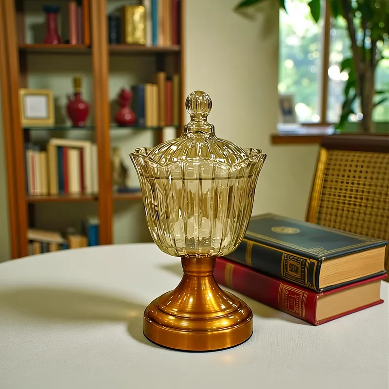 بونبونيرة كريستال مزخرفة بتصميم كلاسيكي، قاعدة معدنية نحاسية لامعة، مثالية لتقديم الحلويات أو كقطعة ديكور