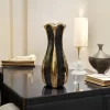 فازة بورسلين فاخرة بتصميم عصري، تتميز بطلاء أسود لامع يتخلله خطوط ذهبية براقة،تصميمها الانسيابي والمميز يجعلها قطعة ديكور مثالية لتزيين أي مساحة .