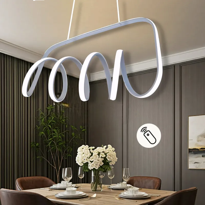 نجفة LED بتصميم حلزوني عصري باللون الأبيض مع جهاز تحكم عن بعد لإضاءة غرف الطعام والمعيشة الحديثة.