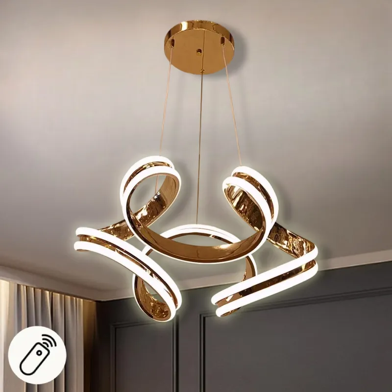 نجفة ذهبية أنيقة بتصميم متموج مع إضاءة LED وريموت كنترول، مثالية لغرف المعيشة والطعام.