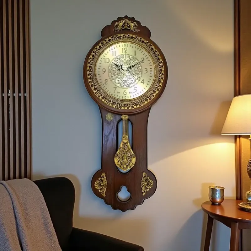 ساعة حائط كلاسيكية ببندول ذهبي وديكورات خشبية أنيقة تناسب غرف المعيشة