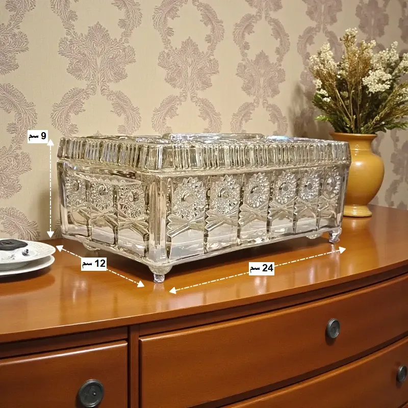 علبة مناديل كريستال فاخرة بتصميم هندسي بوهيمي، موديل 026847 أبعاد علبة مناديل كريستال بوهيمية 24 سم في 12 سم