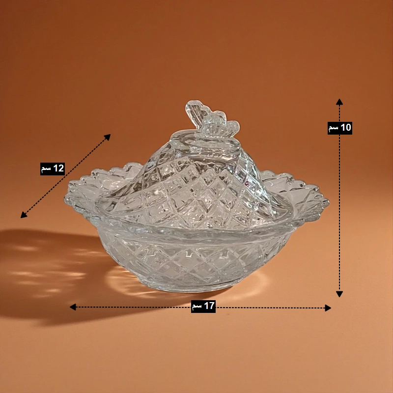 تفاصيل أبعاد الوعاء الكريستالي البيضاوي بغطاء على شكل بونبونيرة (قطر 17*12 سم، مع 10 سم ارتفاع)