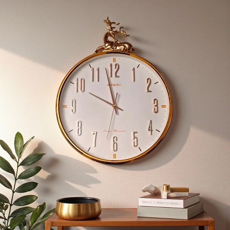 ساعة حائط ذهبية بتصميم غزال أنيق ومعاصر، مناسبة لديكور غرفة المعيشة الفاخر.
