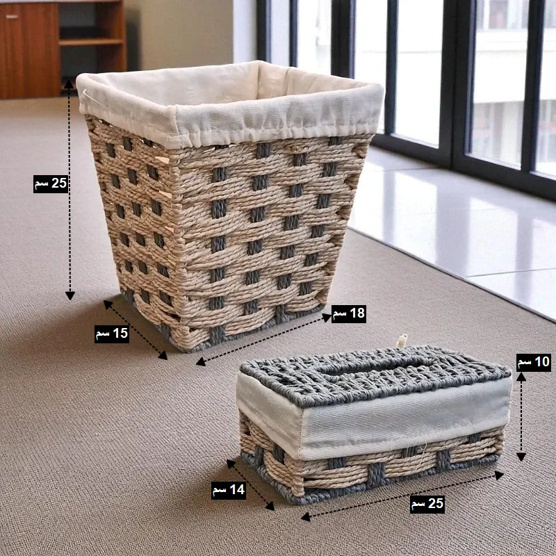صورة توضح أبعاد طقم سلة المهملات وعلبة المناديل المنسوجة، مع أبعاد سلة المهملات (25x15x18 سم) وعلبة المناديل (14x25x10 سم).