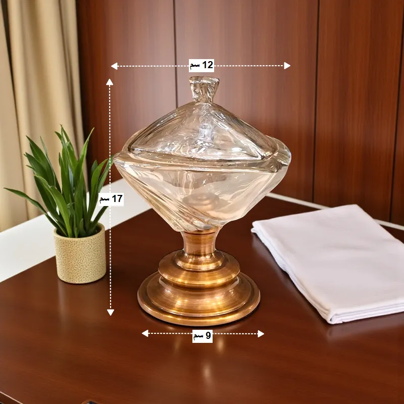 صورة توضح مقاسات البونبونيرة الكريستال: الارتفاع 17 سم، العرض 12 سم، والقاعدة بقطر 9 سم.