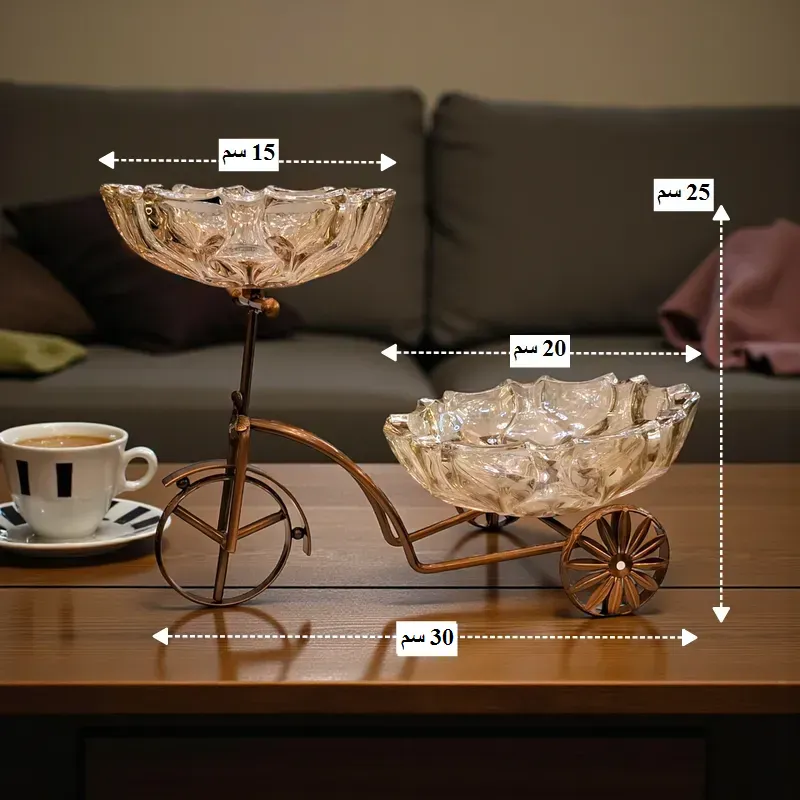 إخوان سرور الإضاءة الحديثة والديكور أبعاد حامل كريستال دراجة: الارتفاع الكلي 25 سم، والعرض الكلي 30 سم، بينما يبلغ قطر طبقها العلوي 15 سم، وقطر الطبق السفلي 20 سم.