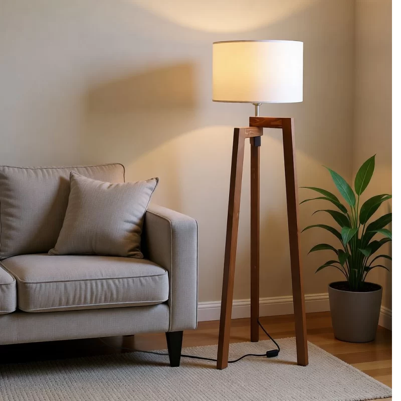 لمبادير أرضي خشبي ثلاثي القوائم بتصميم عصري وشابو بيج، إضاءة مودرن لغرفة المعيشة.