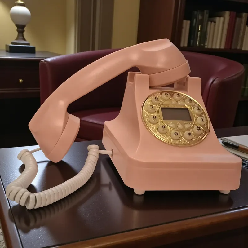تليفون وردي عتيق، سلك حلزوني، موديل كلاسيكي حديث، السماعة مرفوعة.