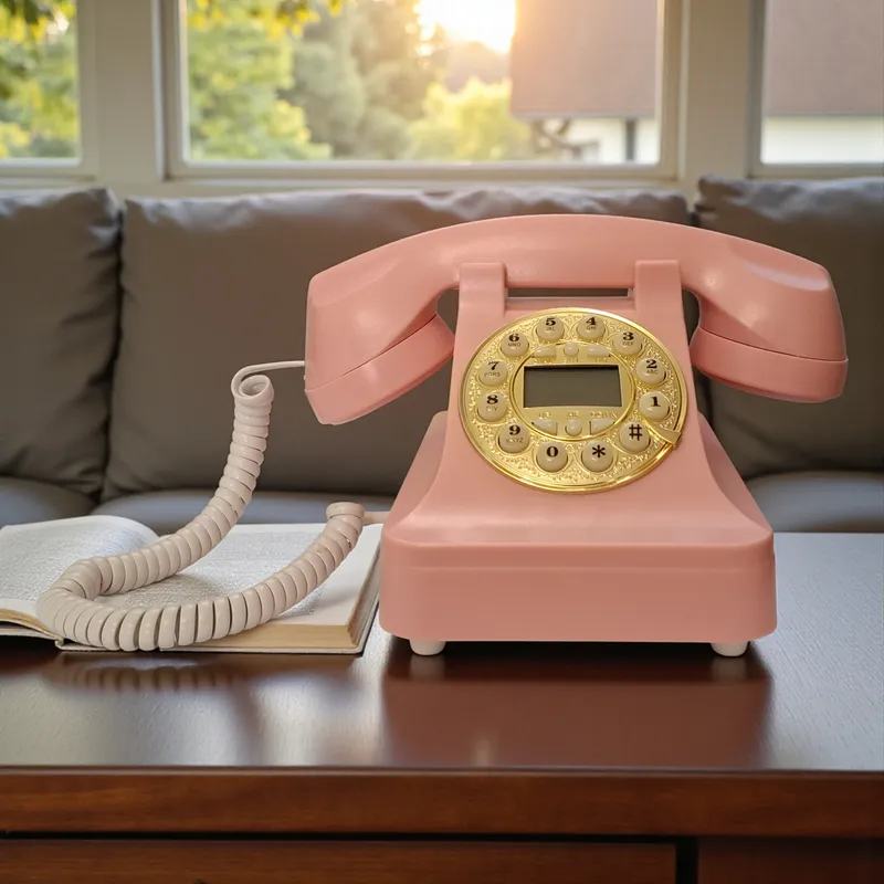 تليفون مكتبي عتيق وردي اللون، بقرص ذهبي مزخرف، على مكتب خشبي غامق.