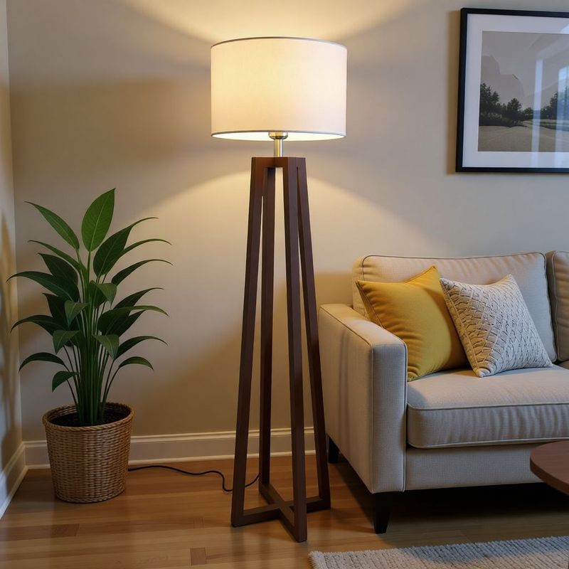 إخوان سرور الإضاءة الحديثة والديكور لمبادير خشبي مودرن بقاعدة رباعية بجوار نبات داخلي وأريكة في غرفة معيشة بإضاءة دافئة