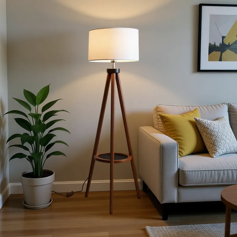 إخوان سرور الإضاءة الحديثة والديكور لمبادير خشبي ترايبود مفتوح بجوار نبات داخلي وأريكة