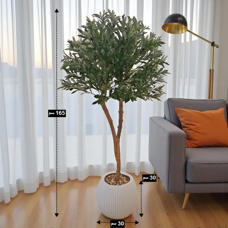 شجرة زيتون صناعية بارتفاع 165 سم وقطر قاعدة 30 سم مع ارتفاع 30 سم موضحة بالأبعاد في الصورة