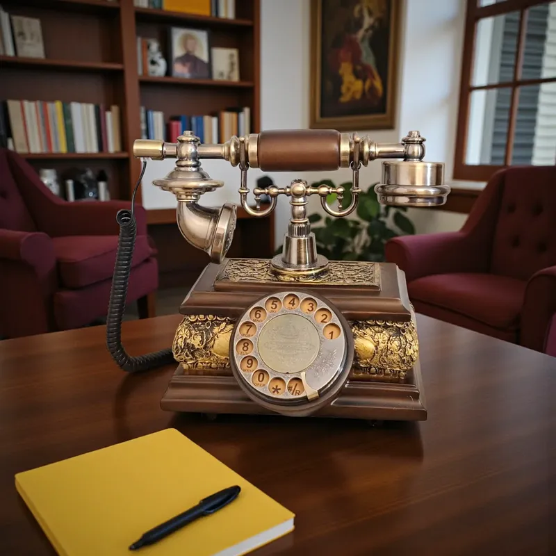 تليفون كلاسيكي فاخر على طاولة خشبية داخل غرفة مكتبة كديكور، مع دفتر أصفر وقلم.