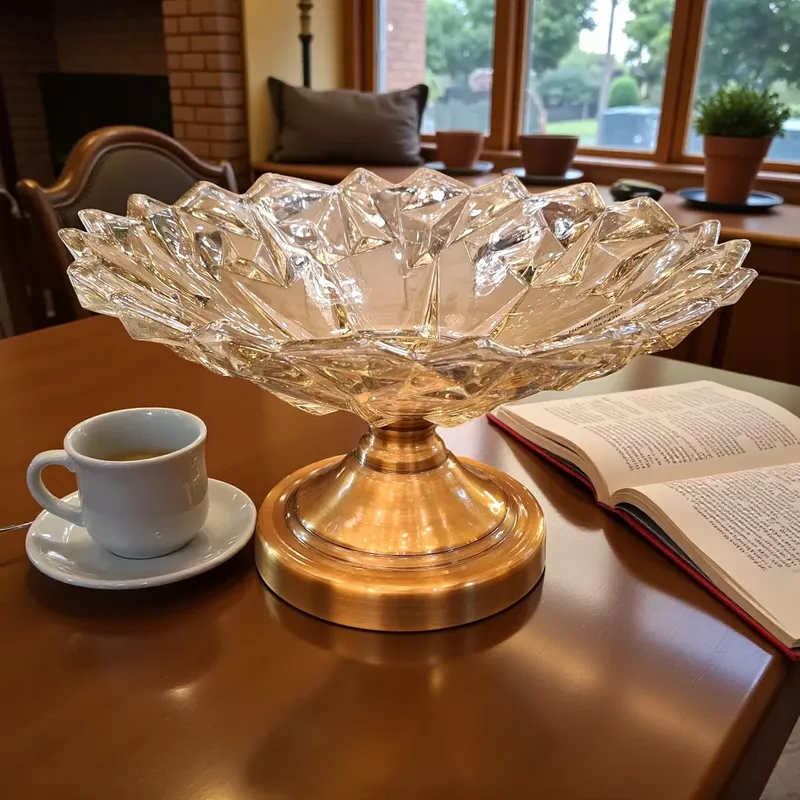 طبق فواكه كريستال بتصميم الألماس موضوع على طاولة خشبية بجوار كوب قهوة وكتاب مفتوح.