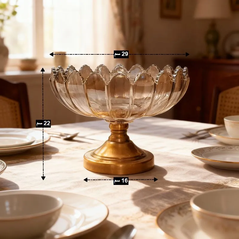 طبق فواكه كريستال بقاعدة معدنية فاخرة - تصميم زهرة اللوتس، قطر 29 سم، موديل 030418 طبق فواكه كريستال فاخر يظهر أبعاده بوضوح: القطر 29 سم، الارتفاع 22 سم، عرض القاعدة 16 سم.