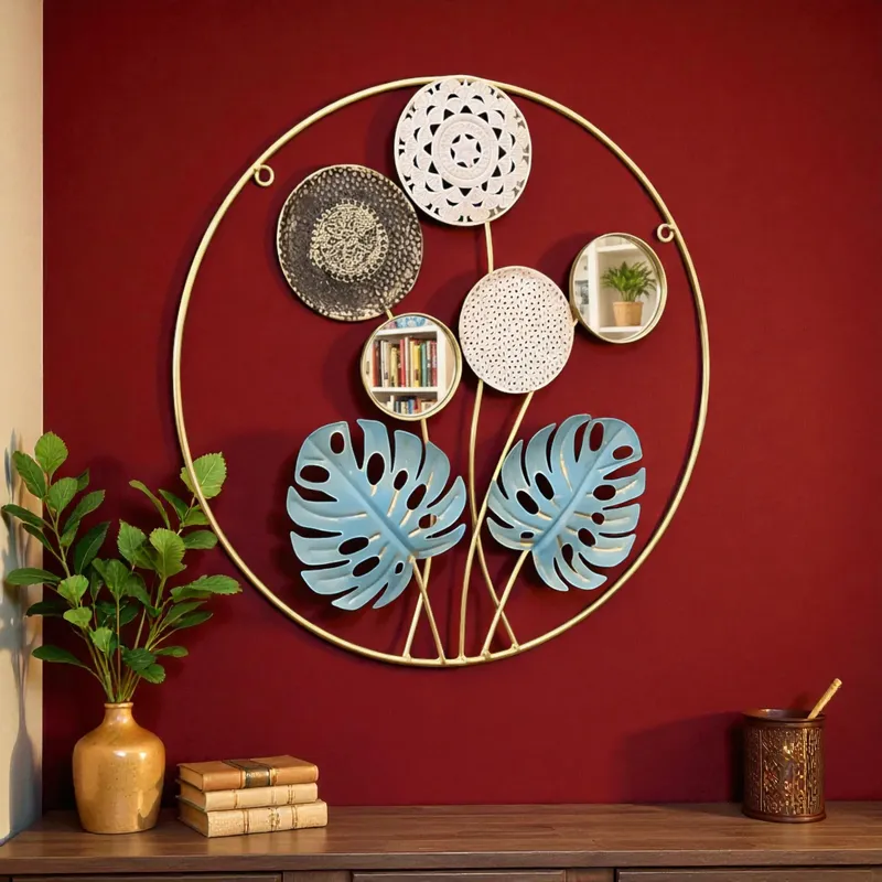 لوحة حائط معدنية دائرية (46 سم) - أوراق مونستيرا زرقاء مع 2 مرآة، موديل 030372