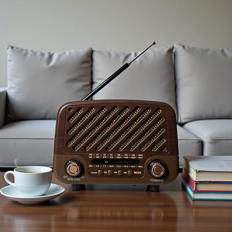 راديو محمول بتصميم خشبي بني وذهبي على طاولة، يظهر مفتاح VOLUME ومقبض TUNING ونطاقات الترددات (FM/AM/SW) وكذلك الهوائي.