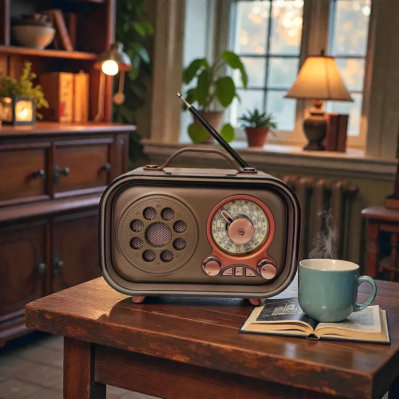 لقطة أمامية للراديو بتصميم قديم وألوان بنية ورمادية. الراديو موضوع على طاولة خشبية ريفية بجوار كوب عليه بخار متصاعد وكتاب مفتوح. الإضاءة الطبيعية تدخل من النافذة بالخلف، والمكان يضم أثاثًا خشبيًا ورفوفًا مليئة بالكتب والنباتات المنزلية، مما يعطي إحساسًا بالهدوء والجمالية القديمة.