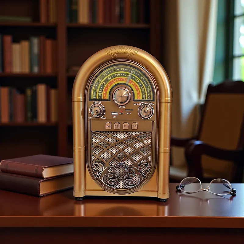 راديو ريترو (Jukebox) ذهبي فاخر على مكتب خشبي في مكتبة، يُظهر مفاتيح التحكم والأقراص ومقياس الترددات.