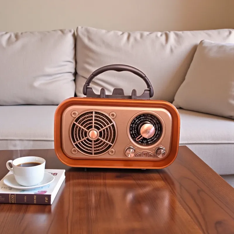 راديو محمول بتصميم ريترو بني ونحاسي ذهبي ومقبض علوي على طاولة خشبية، يظهر مكبر الصوت ومقياس الترددات.