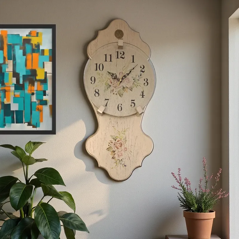 لقطة مقربة لساعة الحائط الخشبية الريفية المعلقة في ديكور منزلي مع نباتات ولوحة تجريدية