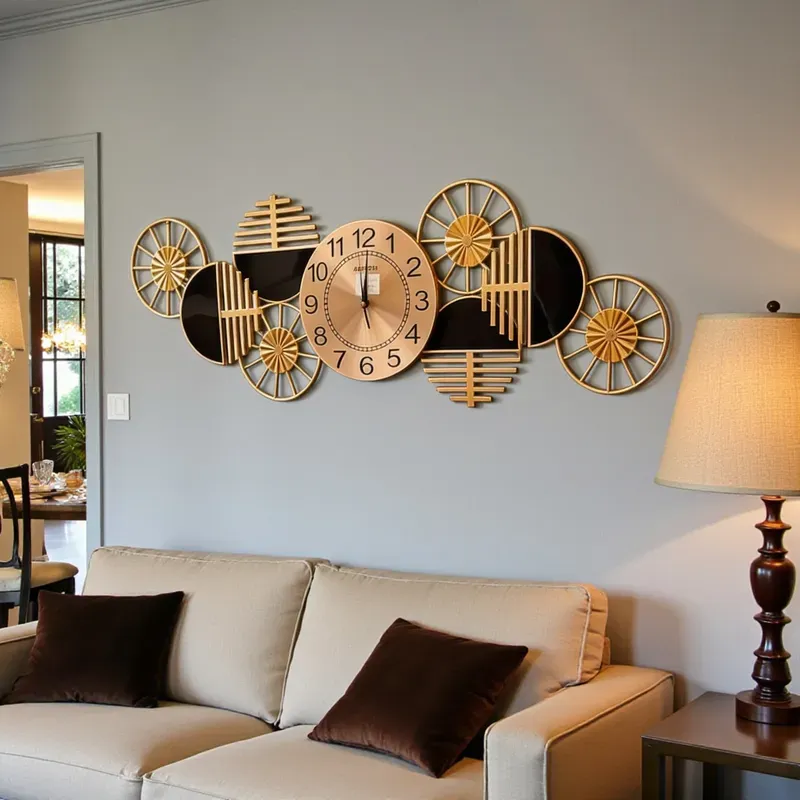 ساعة حائط معدنية أفقية كبيرة باللون الذهبي والأسود بتصميم هندسي، معلقة على جدار فوق أريكة.