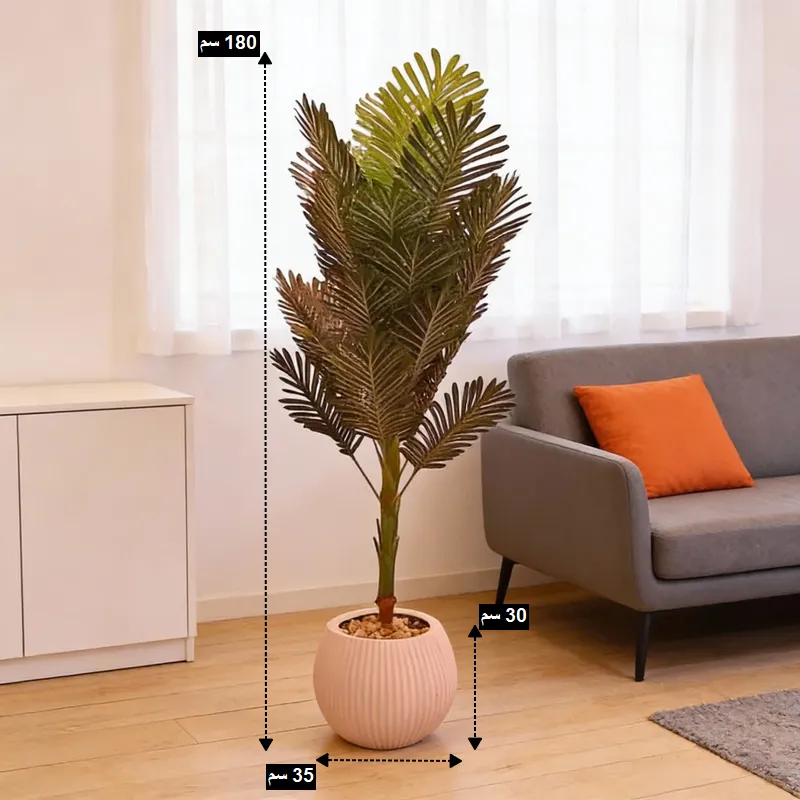 شجرة نخيل صناعية مع توضيح الأبعاد: طول كلي 180 سم، ارتفاع الإناء 30 سم، عرض الإناء 35 سم.