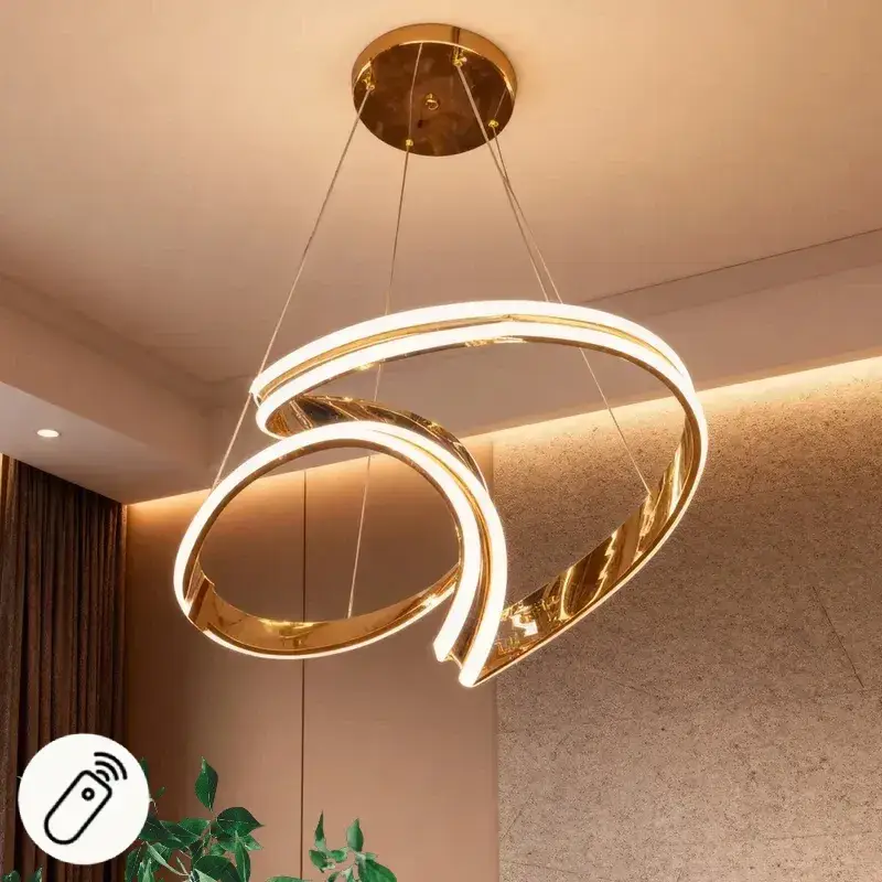 نجفة ليد مودرن حلزونية باللون الذهبي مع إضاءة ثلاثية وريموت للتحكم