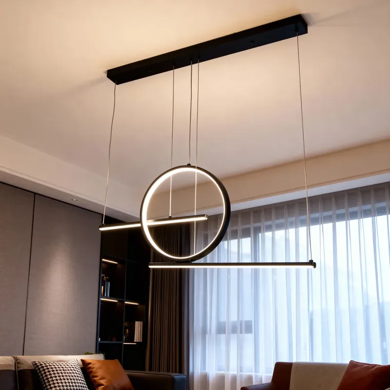 إضاءة معلقة ليد بني، هندسية بتصميم خطين وحلقة لغرفة المعيشة المودرن