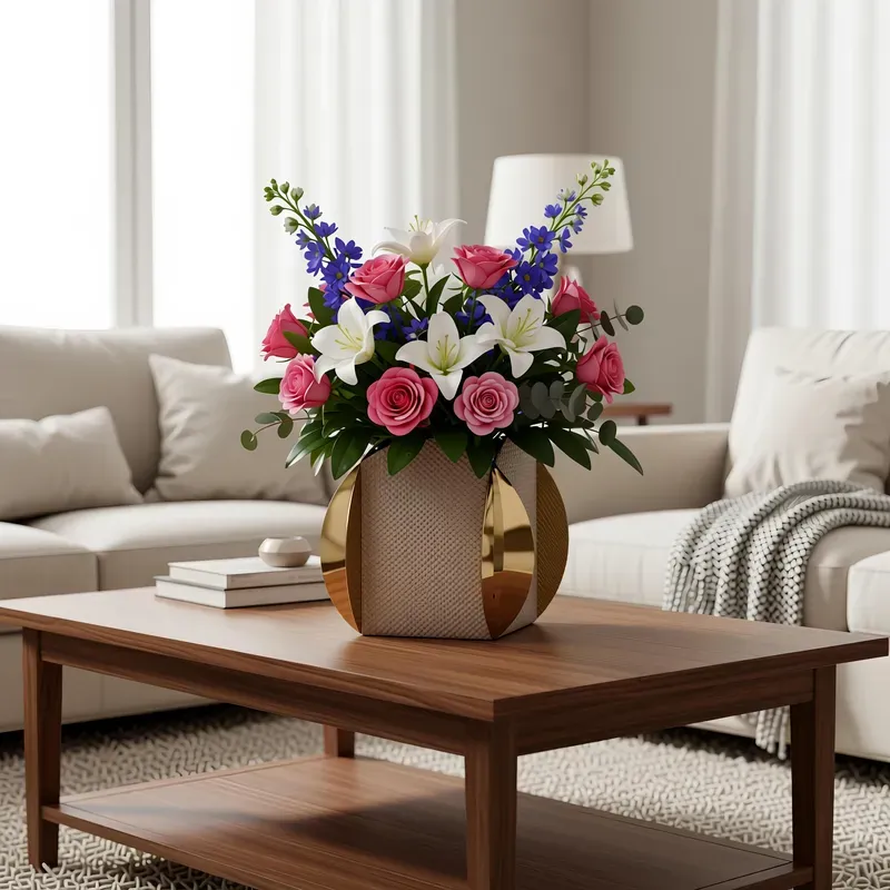 فازة ذهبية فاخرة مع تنسيق زهور ملونة لتزيين غرف الجلوس