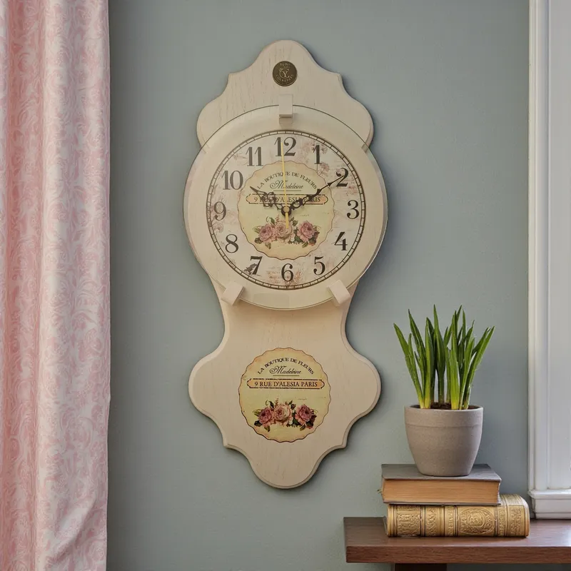 ساعة حائط ريفية بتصميم فرنسي عتيق. عاجية اللون مع رسومات ورود حمراء وديكور منزلي