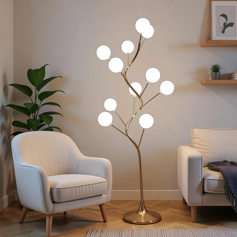 لمبادير ليد ذهبي بتصميم شجرة مودرن وإضاءة كرات بيضاء