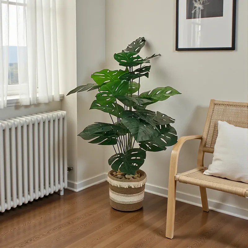 نبتة مونستيرا صناعية كبيرة بمركن خوص في غرفة معيشة مودرن.