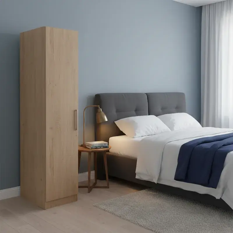 دولاب ملابس مودرن بباب واحد لون بيج بملمس خشبي جذاب لغرف النوم.