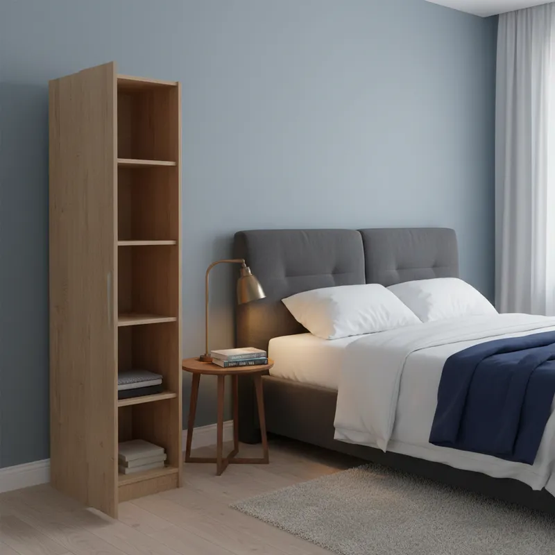 خزانة ملابس بيج من الداخل توضح الأرفف الخمسة للتخزين المنظم.