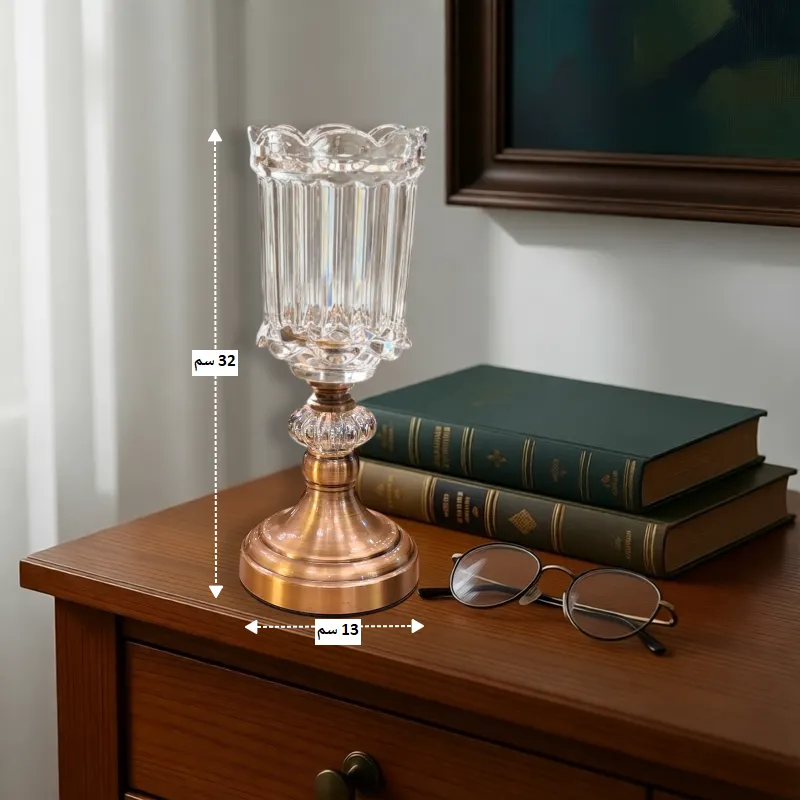 شمعدان كريستال فاخر بتصميم عصري وكلاسيكي، ارتفاع 32 سم، موديل 024333 صورة توضح مقاسات الشمعدان: ارتفاع 32 سم وقطر 11 سم