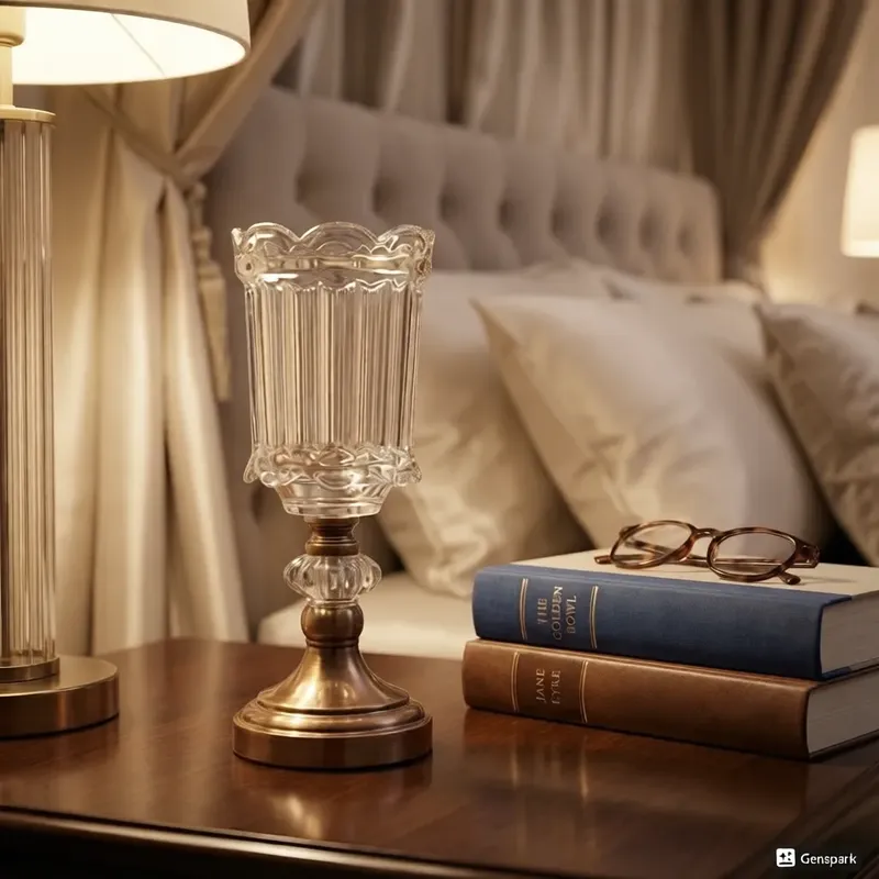 شمعدان فاخر برأس كريستال عسلي وساق نحاسية بها حلقة كريستال