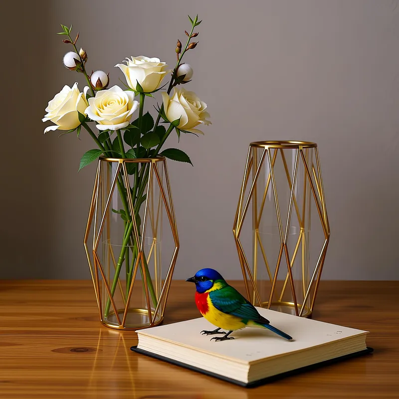 فازة ذهبية هندسية تحتوي على ورود بيضاء مع طائر ملون وكتاب على طاولة خشبية.