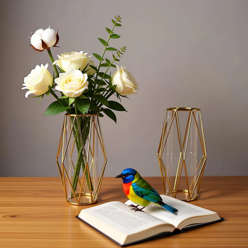 فازة ذهبية هندسية تحتوي على باقة من الورود البيضاء مع طائر ملون وكتاب على طاولة خشبية.