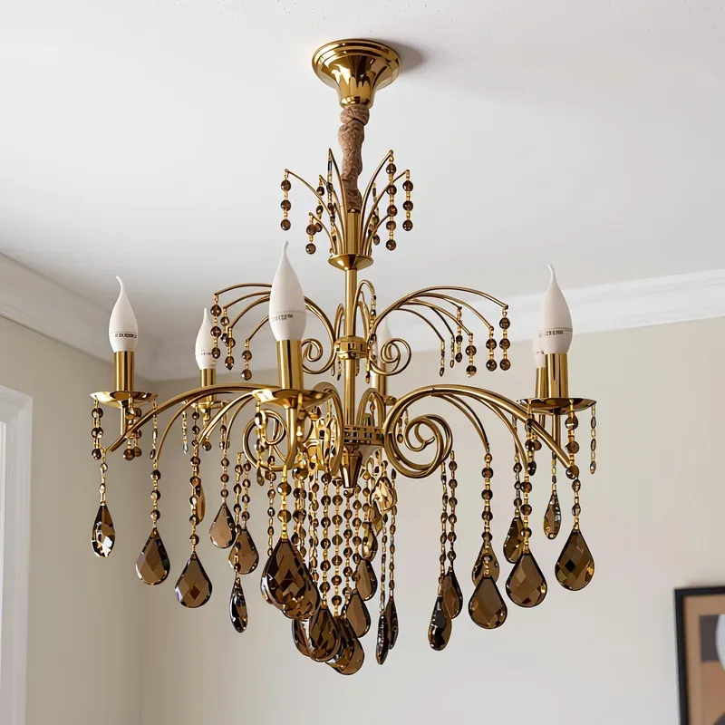 نجفة سقف كلاسيك ماركة قنديل لون ذهبي 6 أذرع مع كريستال عصفور عسلي فاخر.