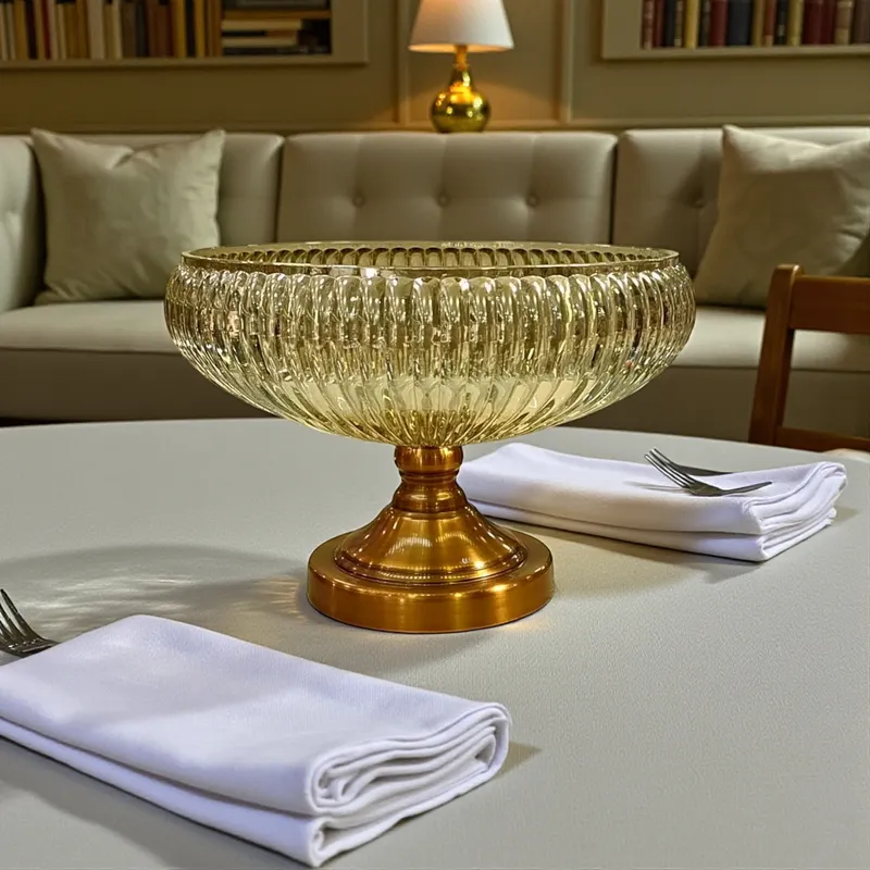 طبق فاكهة كريستال مضلع فخم على طاولة طعام كلاسيكية