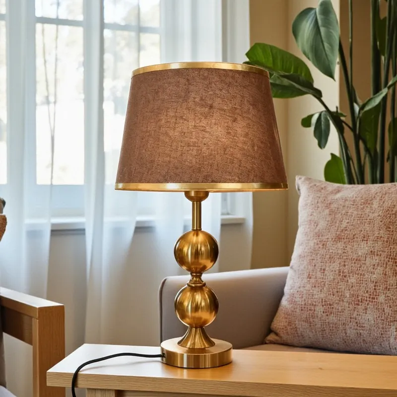 أباجورة كومودينو ذهبية مودرن بشابو بني منقوش لغرفة النوم.