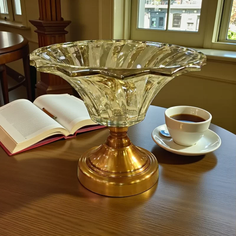 طبق تقديم فاكهة كريستال عريض بجانب كوب قهوة وكتاب