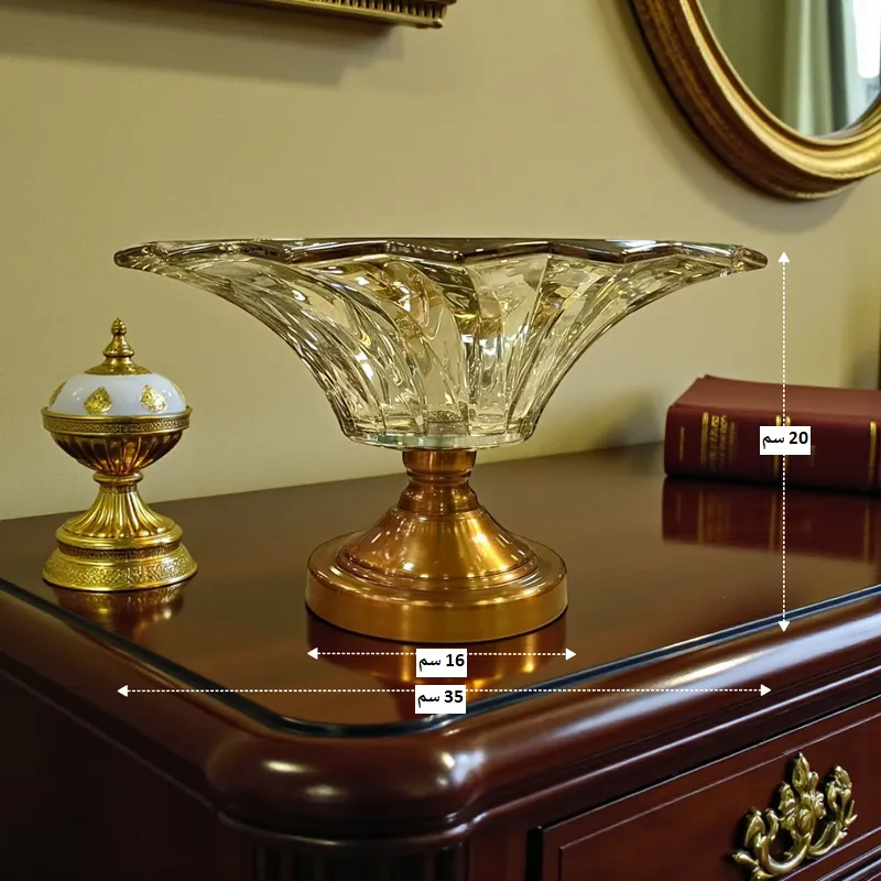 صورة توضح مقاسات الطبق: عرض 35 سم وارتفاع 20 سم وقاعدة 16 سم.