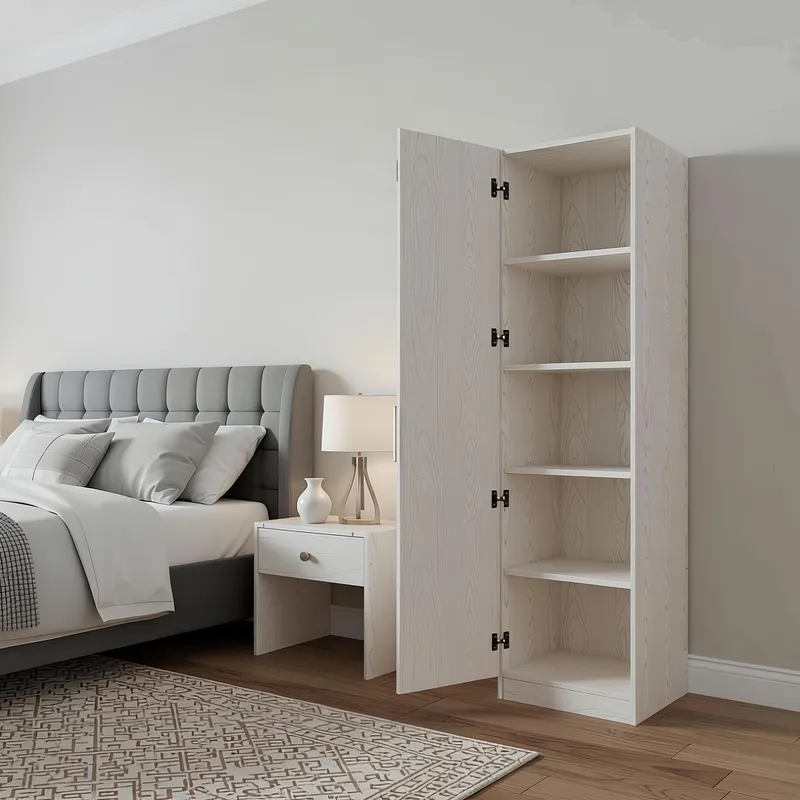 خزانة ملابس بيضاء من الداخل توضح الأرفف الخمسة للتخزين المنظم.