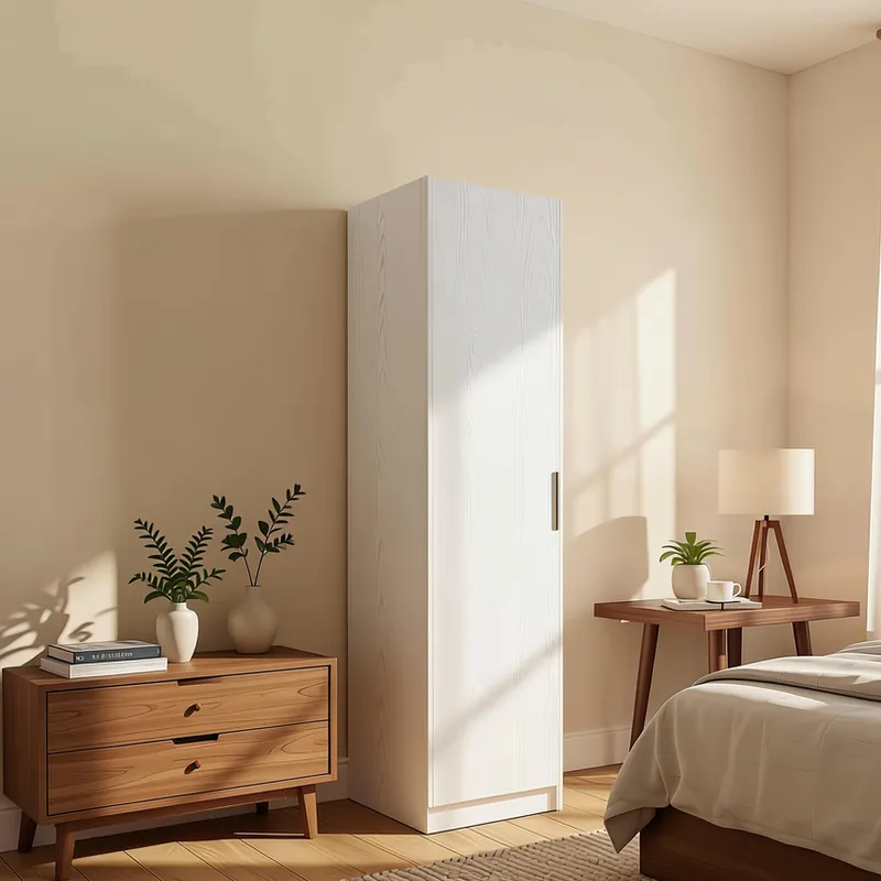 دولاب ملابس مودرن بباب واحد لون أبيض بملمس خشبي جذاب لغرف النوم.
